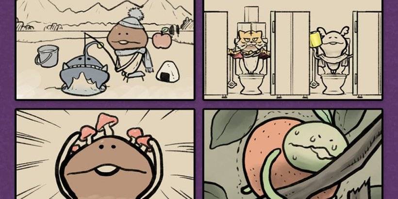 Quatre panneaux. Le haut à gauche montre un champignon essayant d'obtenir un gros poisson à travers un petit trou dans la glace. Le haut à droite montre un champignon sur les toilettes dans les toilettes publiques tenant du papier toilette. Le bas à gauche montre un champignon avec de petits champignons sur sa tête. En bas à droite montre un champignon vert essayant de pousser une orange d'une branche.