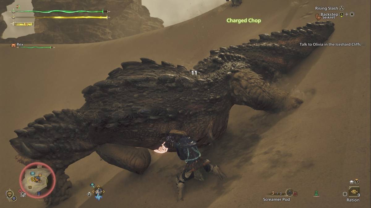 Un chasseur à Monster Hunter Wild effectuant une attaque de poussée vers le bas avec l'épée et le bouclier