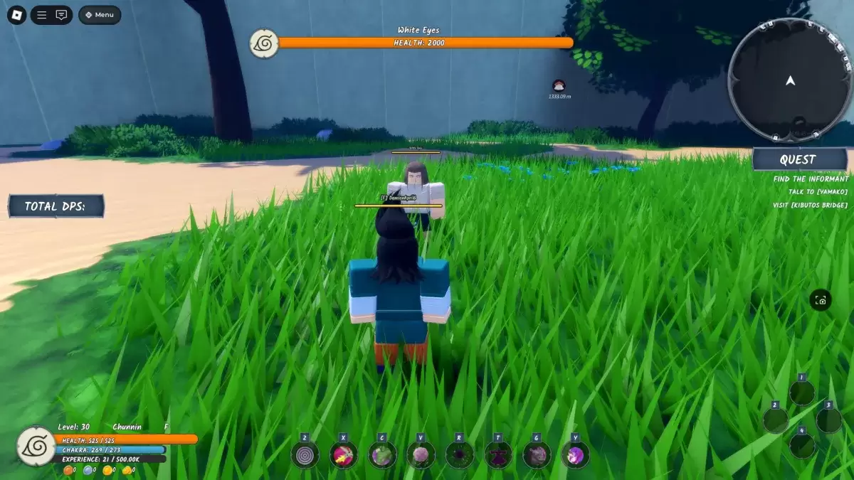 Un joueur debout à côté des yeux blancs, le dernier boss de l'examen Chunin à Ninja Time Roblox Experience