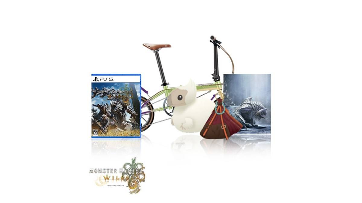Monster Hunter Wilds Ultra Collector版，带有游戏的照片，蓬松的玩具，武器袋和一辆折叠自行车。