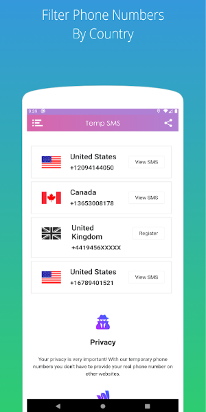 Temp SMS - Temporary Numbers Captura de tela 1