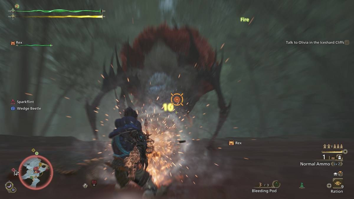 Un chasseur à Monster Hunter Wilds en utilisant des munitions normales avec l'arc léger contre un Lala Barina