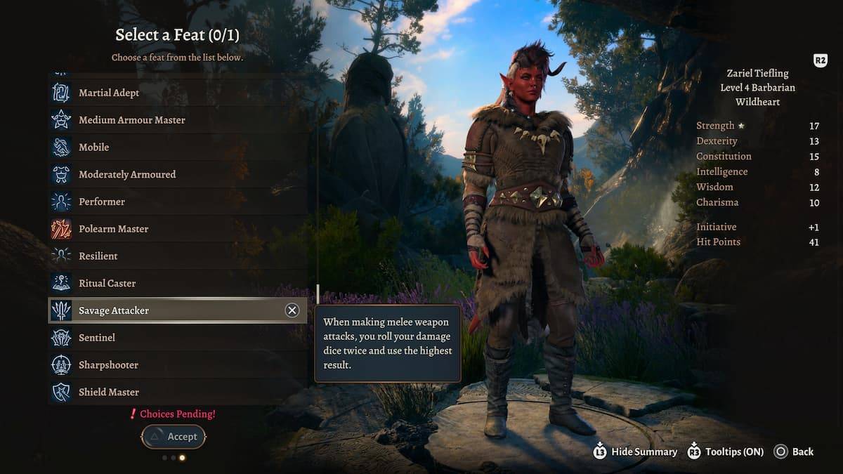 圖像顯示了Baldur's Gate 3（BG3）中的tie諷野蠻人和Savage Attacker Feat，這是有關班級最佳壯舉的一部分。