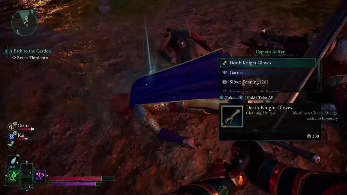 Ang Death Knight Gloves at iba pang mga gantimpala na nakukuha mo para sa wastong pagpatay kay Kapitan Aelfyr sa avowed sa panahon ng 'Isang Landas sa Hardin'