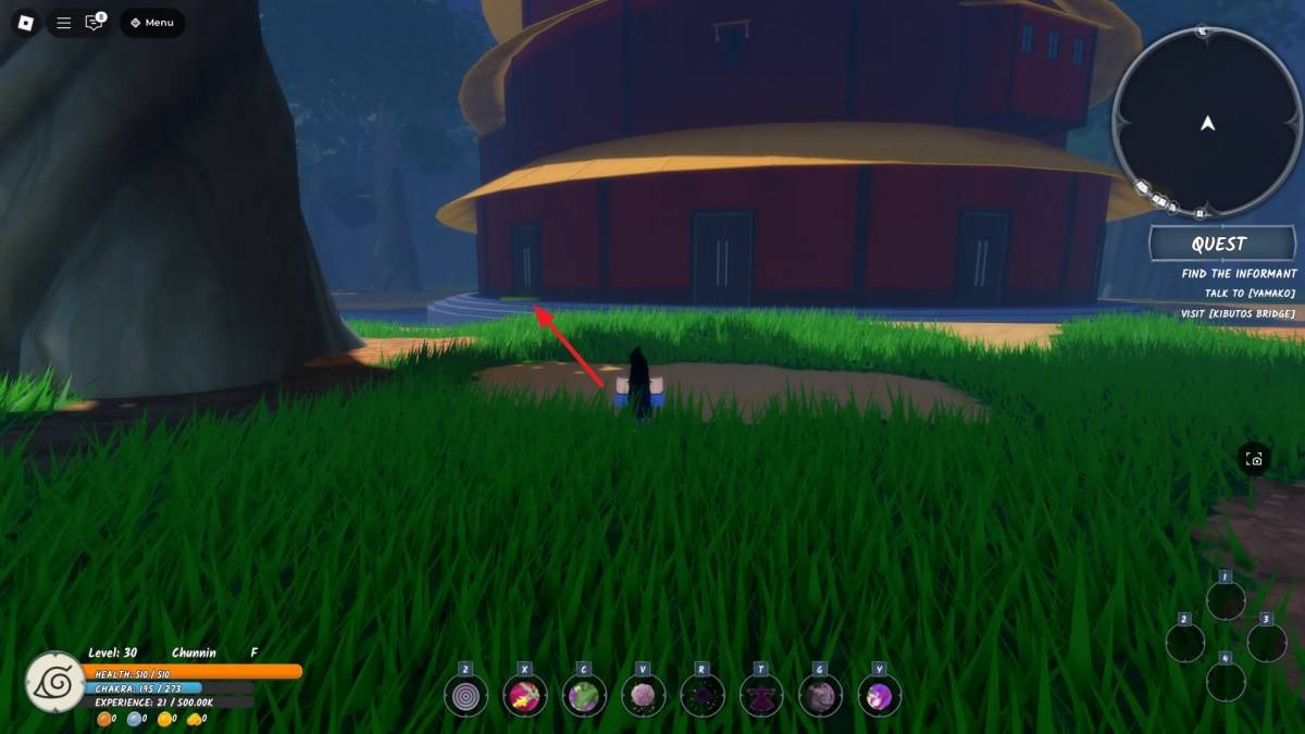 Emplacement de l'entrée de la quarante-quatrième tour, un emplacement clé à l'examen Chunin, en ninja time Roblox Experience