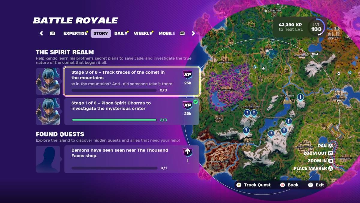 地圖突出顯示Fortnite中的彗星追踪位置。