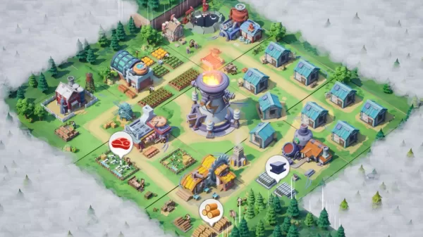 a vibrant village featuring various buildings, farms, workshops, and a central structure emitting fire, surrounded by fog and pine trees.