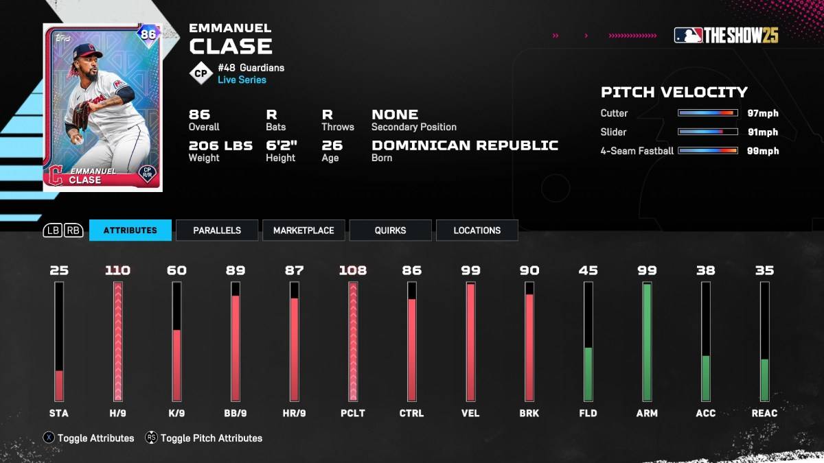Carte de la dynastie diamant Emmanuel Clase dans MLB le spectacle 25