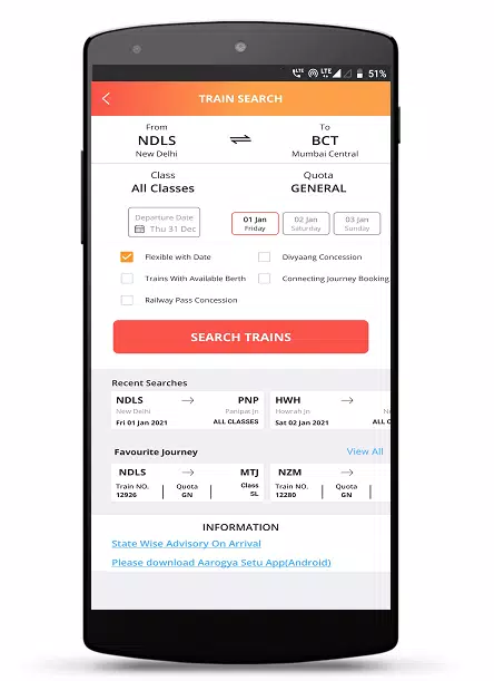 Schermata IRCTC Rail Connect 2