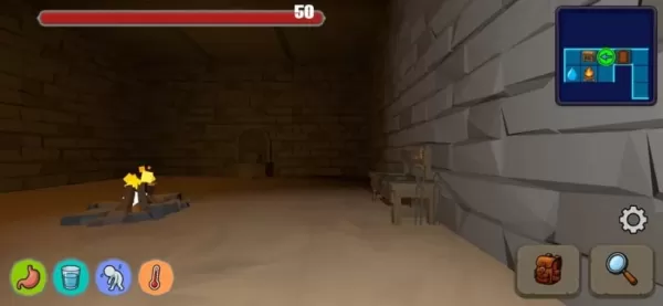 Une image d'une perspective à la première personne dans un donjon sombre, avec des barres de santé, de faim et de soif visibles