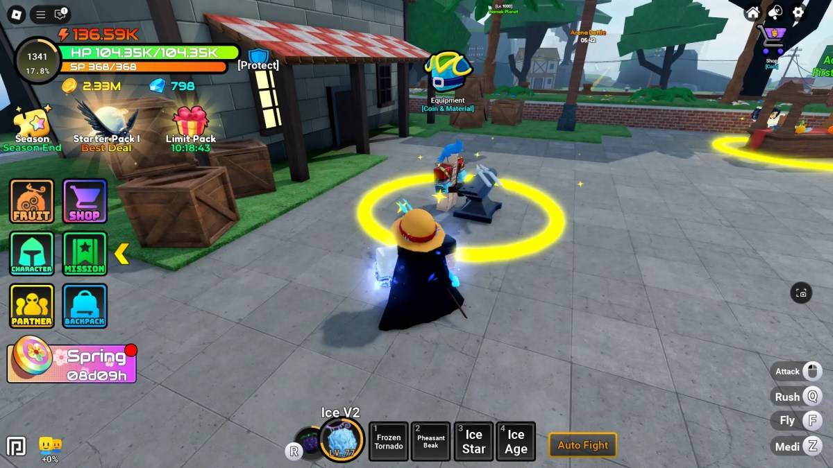 Un joueur montrant l'emplacement du PNJ d'équipement dans des fruits d'anime