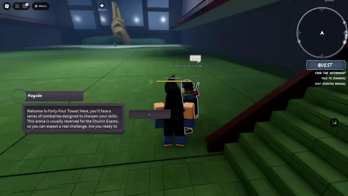Un joueur debout à côté de l'examen de l'examen Hayake Chunin dans l'expérience de Roblox Time Ninja