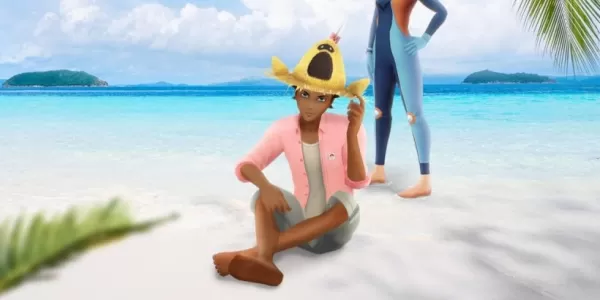 Um personagem do Pokémon Go senta na praia com um chapéu de Sandygast em sua cabeça