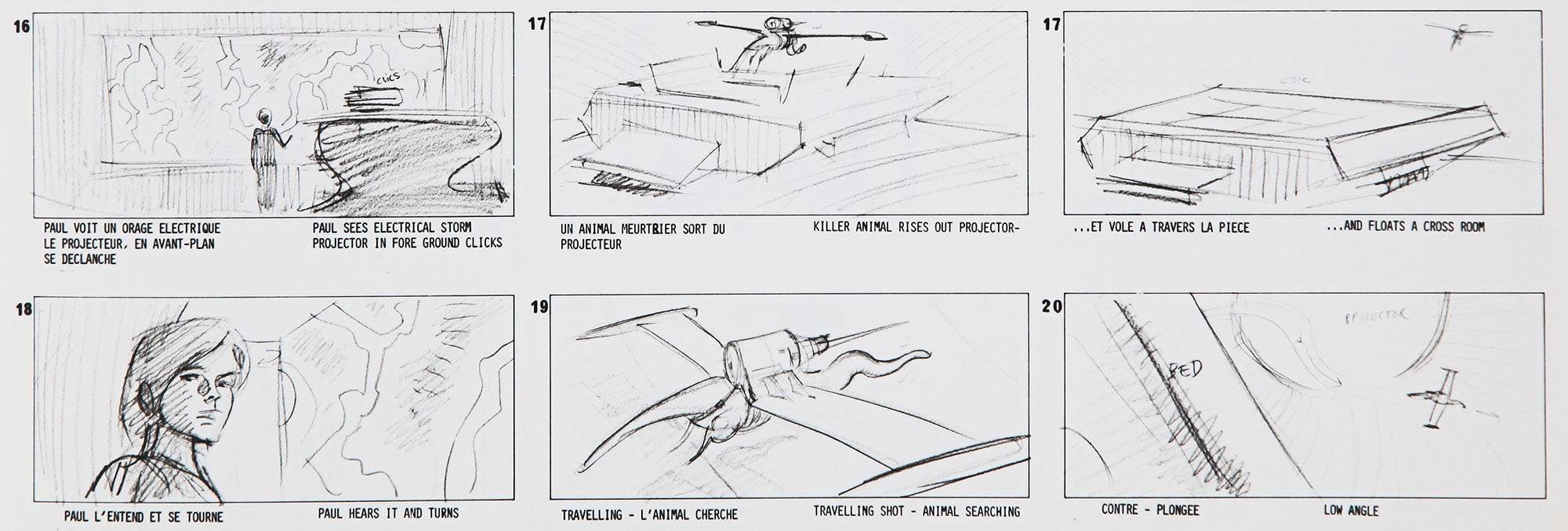 Le chercheur de chasseur en forme de chauve-souris dans la version de Ridley Scott est similaire à la `` Créature volante avec une bombe '' de la dune non faite d'Alejandro Jodorowsky, vue ici dans l'art du storyboard.